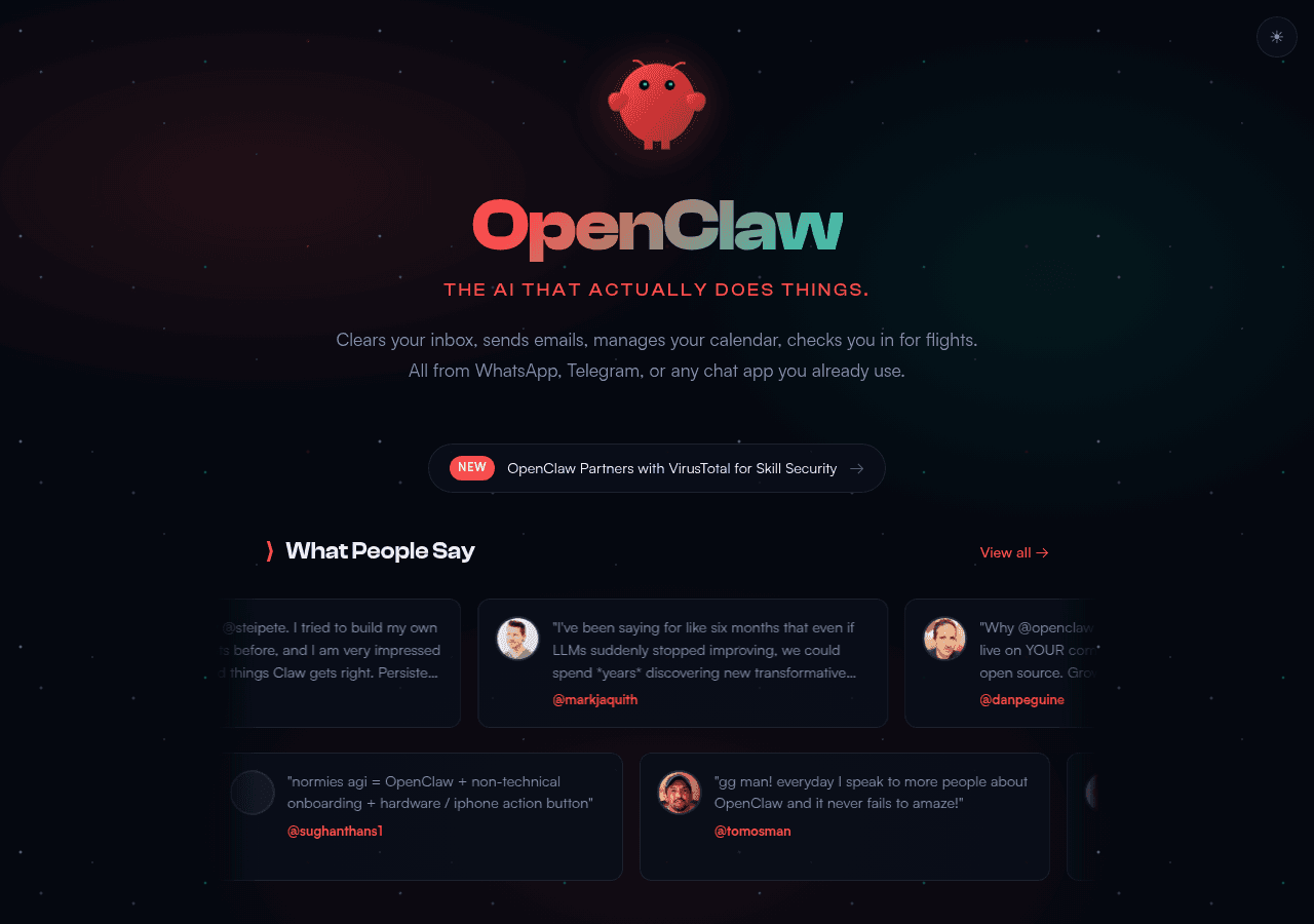 OpenClaw home page showing the AI agent interface