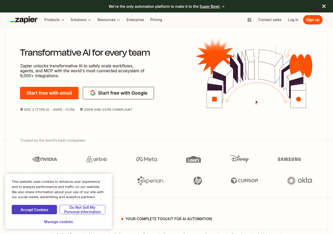 Zapier automation platform home page showing workflow builder