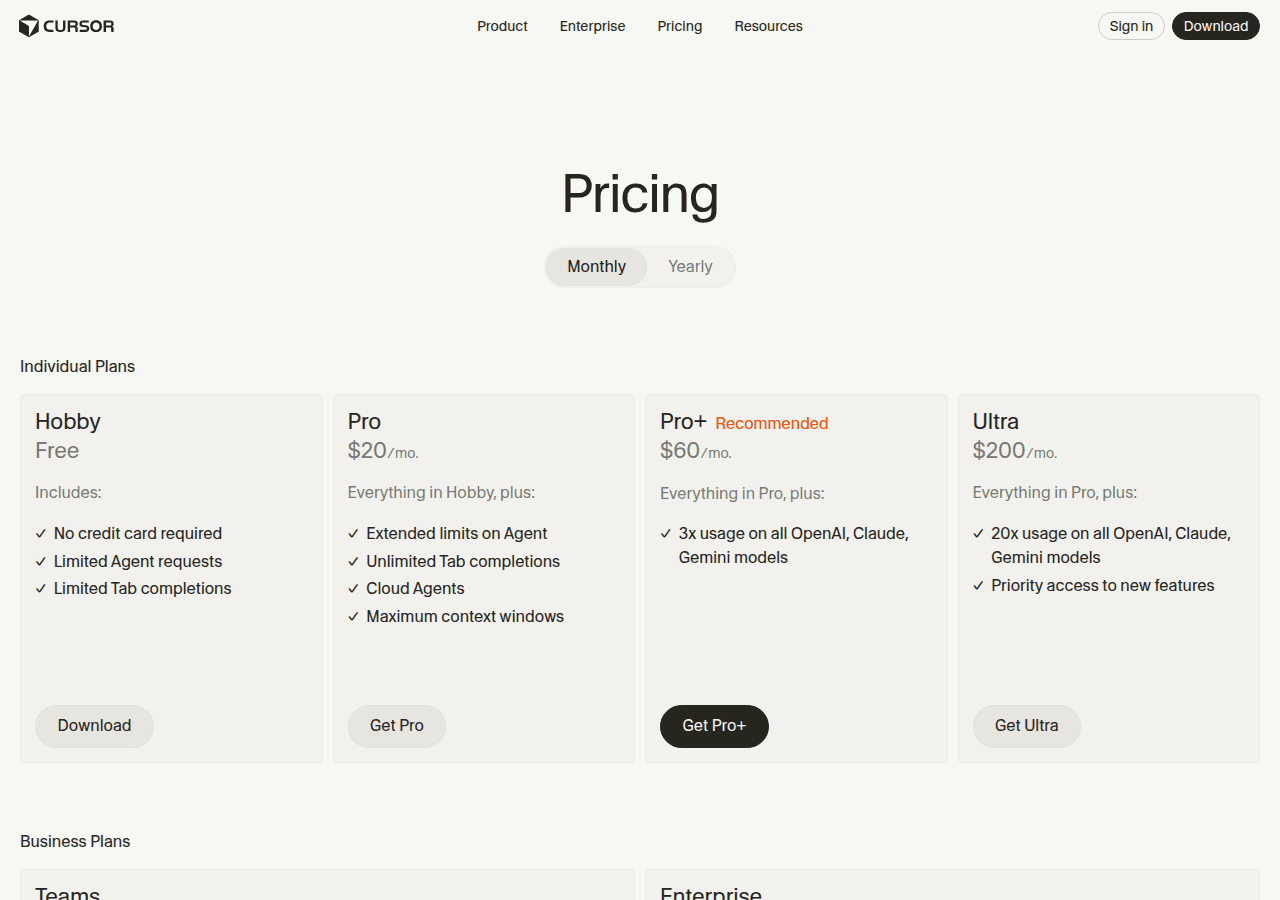 Cursor AI code editor pricing page showing plan tiers