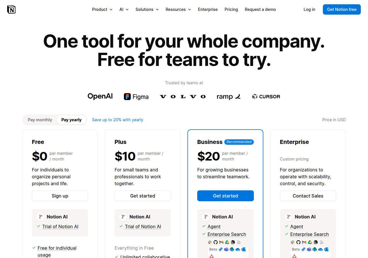 Notion AI pricing page showing subscription tiers