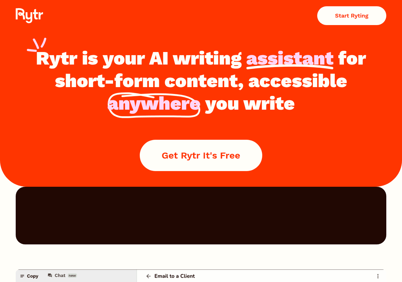 Rytr AI writing tool home page showing writing assistant features