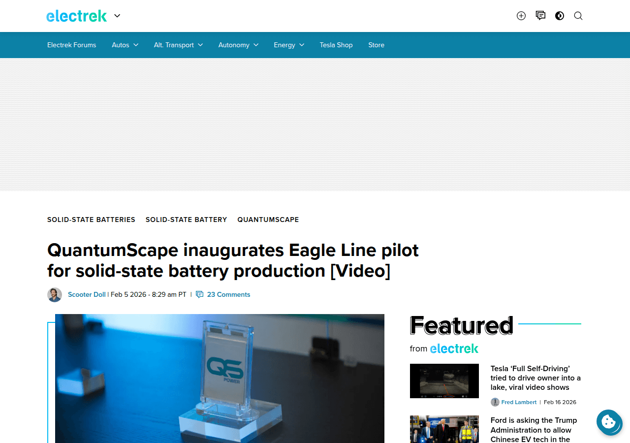 Electrek article covering QuantumScape's Eagle Line solid-state battery pilot production